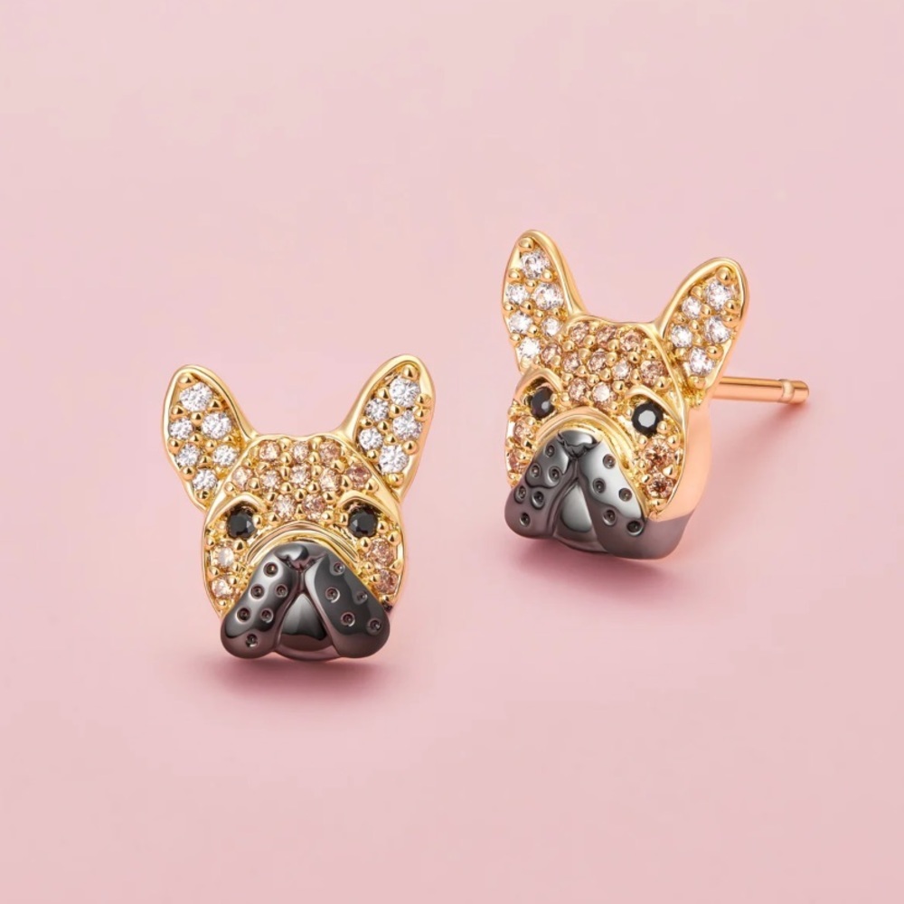 18k Diamond Bulldog Boston Terrier Dog Earrings
